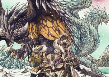 1boy 1girl 1other black_hair book brown_hair coat commentary_request direwolf_(armor) duffel_(palico_armor) earmuffs felyne fur_coat fur_hat furry gloves goggles goggles_on_headwear handler_(monster_hunter_world) hat highres holding holding_book holding_sword holding_weapon monster_hunter:_world monster_hunter_(character) monster_hunter_(series) monster_hunter_world:_iceborne nergigante player_palico sword toriga velkhana weapon winter_clothes