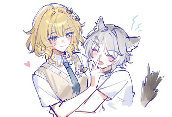 2girls aglaea_(honkai:_star_rail) animal_ears bare_arms blonde_hair cat_ears cat_girl cat_tail cipher_(honkai:_star_rail) closed_eyes closed_mouth grey_hair hashtag-only_commentary heart honkai:_star_rail honkai_(series) hug looking_at_another minto_sakuratou multiple_girls necktie open_mouth school_uniform short_hair tail yuri