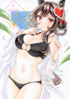 1girl absurdres animal_ears bikini black_bikini black_ribbon blush breasts brown_hair commentary_request cowboy_shot double-parted_bangs gentildonna_(umamusume) hair_ornament hair_ribbon hair_rings hands_up highres horse_ears horse_girl horse_tail large_breasts long_sidelocks long_sleeves looking_at_viewer marker_(medium) navel off_shoulder open_clothes open_shirt parted_lips red_eyes ribbon shin_kun30 shirt short_hair_with_long_locks sidelocks signature smile solo standing stomach swimsuit tail traditional_media umamusume water_drop watermark white_shirt