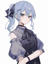 Rule 34 | 1girl, absurdres, alternate costume, belt, black belt, black bow, black bowtie, black choker, blue eyes, blue hair, bow, bowtie, choker, commentary, earrings, hair between eyes, hair bow, hair ornament, hand out of frame, highres, hololive, hoshimachi suisei, jewelry, karyln, long hair, looking at viewer, puffy sleeves, shirt, short sleeves, side ponytail, simple background, sleeveless, sleeveless shirt, solo, star (symbol), star in eye, symbol in eye, upper body, virtual youtuber, white background