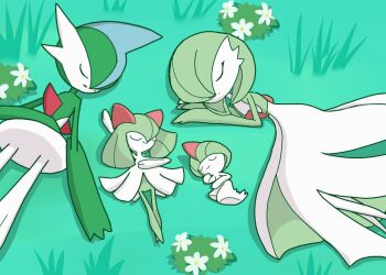 1boy 1other 2girls arm_at_side arm_up blue_hair blunt_bangs bob_cut bowl_cut closed_eyes closed_mouth colored_skin day expressionless family flat_chest flower full_body gallade gardevoir gen_3_pokemon gen_4_pokemon grass green_background green_hair green_skin green_theme hair_between_eyes hair_over_one_eye hand_on_own_chest hand_on_own_stomach happy kirlia lying medium_hair mohawk monya multicolored_hair multicolored_skin multiple_girls nintendo no_feet on_back on_ground on_side one_eye_covered outdoors pokemon pokemon_(creature) ralts short_hair sidelocks sleeping smile two-tone_hair two-tone_skin u_u white_flower white_skin