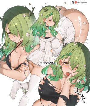 1girl 1other antlers ass black_bra bra braid braided_bangs breasts ceres_fauna commentary cum cum_on_ass cum_on_body cum_on_breasts cum_on_upper_body dress finger_in_another's_mouth flower gradient_hair greatodoggo green_hair hair_flower hair_ornament hair_over_one_eye highres hololive hololive_english horns large_breasts long_bangs long_hair long_sleeves looking_at_viewer mole mole_under_eye multicolored_hair multiple_views no_shoes off-shoulder_dress off_shoulder open_mouth panties panty_pull short_dress simple_background streaked_hair thighhighs tongue tongue_out torn_bra torn_clothes underwear virtual_youtuber white_background white_dress white_panties white_thighhighs yellow_eyes