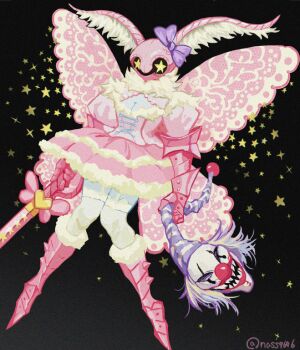 +_+ 1girl antennae armor arthropod_girl blue_skin boots bow breasts cleavage clown clown_nose colored_skin dress fairy_wings frilled_dress frills fur-trimmed_boots fur_trim gauntlets helmet holding holding_sword holding_weapon insect_girl magical_girl moth_antennae moth_girl nass9696 original pink_armor pink_dress purple_bow sabaton sharp_teeth short_hair small_breasts star_(symbol) sword teeth weapon wings
