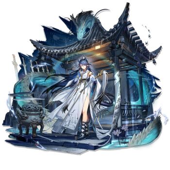 Rule 34 | 1girl, architecture, arknights, black shoes, blue eyes, blue hair, blue skin, bracelet, breasts, colored skin, detached sleeves, dragon, dragon girl, dragon horns, dragon tail, dress, earrings, east asian architecture, eastern dragon, flower, full body, highres, holding, holding staff, horns, jewelry, ling (arknights), ling (it does wash the strings) (arknights), long hair, long sleeves, looking at viewer, multicolored hair, official alternate costume, official art, planted, planted sword, planted weapon, pointy ears, shoes, smile, solo, staff, standing, sword, tail, tassel, transparent background, very long hair, weapon, white dress, wide sleeves, xiayehongming