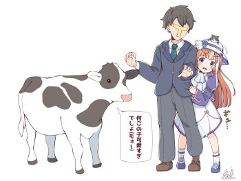 1boy 1girl akikawa_yayoi_(umamusume) animal animal_on_head blue_flower blue_jacket blue_neckerchief blue_rose blue_shoes blue_trim blush brown_hair cat cat_on_head collared_shirt commentary_request cow dress flower formal_clothes green_necktie grey_eyes hat hat_flower height_difference hiding hiding_behind_another highres jacket juliet_sleeves long_hair long_sleeves multicolored_hair neckerchief necktie on_head orange_hair puffy_sleeves rakugakiraid rose shirt shoes short_hair socks striped_neckerchief suit t-head_trainer_(umamusume) tie_clip trainer_(umamusume) translation_request two-tone_hair umamusume white_dress white_hair white_hat white_shirt white_socks