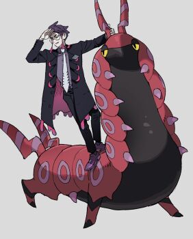 1boy arm_up belt black_belt black_coat black_pants coat collared_shirt contrapposto corbeau_(pokemon) gen_5_pokemon glasses grey_background highres lapels long_sleeves male_focus necktie nintendo outstretched_arm pants pkmnrkgk pokemon pokemon_legends:_z-a purple_coat purple_shirt purple_shoes round_eyewear scolipede shading_eyes shirt shirt_tucked_in shoes standing two-sided_coat two-sided_fabric white_necktie wing_collar yellow_eyes