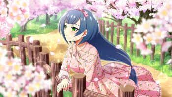 1girl blue_hair blurry bow bow_hairband cherry_blossoms closed_mouth cowboy_shot depth_of_field dress falling_petals floral_print floral_print_dress frilled_dress frills game_cg grass green_eyes hair_bow hairband hand_on_railing highres higurashi_no_naku_koro_ni higurashi_no_naku_koro_ni_mei kurosawa_chisame lens_flare light_smile long_hair long_sleeves looking_ahead non-web_source official_art outdoors park petals pink_bow pink_dress pink_hairband pink_petals print_dress railing solo sparkle standing tree wooden_railing