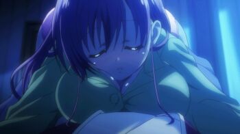 1girl animated animated_gif asa_made_jugyou_chu! bouncing_breasts breasts bursting_breasts female_focus hanging_breasts kakinozaka_ayana large_breasts nipples no_bra popped_button purple_hair sleeping solo wardrobe_malfunction