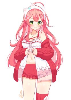 1girl ahoge animal_ear_hairband animal_ears asymmetrical_legwear babydoll bow breasts cardigan cat_ear_hairband cat_ears commentary_request double-parted_bangs fake_animal_ears frilled_babydoll frilled_shorts frills front_slit green_eyes hair_between_eyes hair_bow hairband highres hololive jewelry long_hair looking_at_viewer multiple_views navel necklace official_alternate_costume official_alternate_hairstyle red_cardigan red_shorts red_thighhighs ribbed_thighhighs sakura_miko sakura_miko_(loungewear) sandals short_shorts shorts simple_background single_off_shoulder single_sidelock single_sock single_thighhigh sleeves_past_wrists smile socks svnnydraw thighhighs uneven_legwear virtual_youtuber white_background