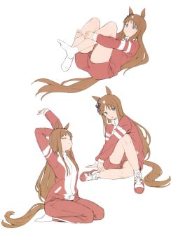 1girl absurdres animal_ears arms_up blue_eyes bow brown_hair closed_mouth ear_bow grass_wonder_(umamusume) highres horse horse_ears horse_girl jacket long_hair long_sleeves multicolored_hair multiple_views nyum pants red_jacket red_pants red_shoes red_shorts shoes shorts socks stretching third-party_source tracen_training_uniform track_jacket track_pants two-tone_hair umamusume white_background white_hair white_socks