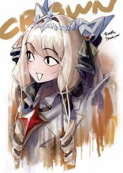Rule 34 | 1girl, blonde hair, character name, coat, collared shirt, crown (nikke), diadem, drill hair, goddess of victory: nikke, hair ornament, headgear, jewelry, long hair, necklace, o o k i n a, open mouth, shirt, solo, white coat, white shirt, | |