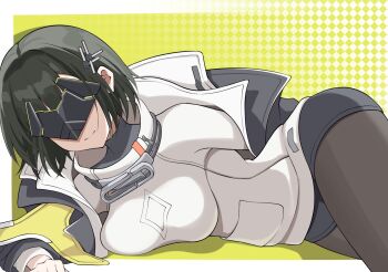 1girl arknights arknights:_endfield black_coat black_mask black_pantyhose black_shorts breasts coat commentary_request endministrator_(arknights) facing_viewer female_endministrator_(arknights) grey_sweater highres large_breasts long_sleeves lying medium_hair nekohitsuj96199 open_clothes open_coat pantyhose short_shorts shorts smile solo sweater turtleneck turtleneck_sweater yellow_background