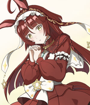 1girl absurdres ahoge animal_ears blunt_bangs blunt_ends frilled_hairband frills hairband highres horse_ears horse_girl light_blush long_hair long_sleeves looking_at_viewer masasim own_hands_clasped own_hands_together parted_lips red_desire_(umamusume) red_hair red_hairband ribbon solo umamusume very_long_hair yellow_eyes yellow_ribbon