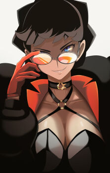 1girl adjusting_eyewear black_choker black_hair blue_eyes breasts choker cleavage collarbone commentary diantha_(pokemon) english_commentary eyelashes gloves grey-framed_eyewear highres long_sleeves nintendo pokemon pokemon_xy red_gloves round_eyewear short_hair simple_background smile solo team_flare very_short_hair vivivoovoo white_background