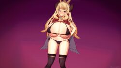 1girl 3d animated areola_slip black_bra black_panties blonde_hair bouncing_breasts bra breasts cagliostro_(granblue_fantasy) cape dancing detached_collar draph granblue_fantasy hairband handjob_gesture highres horns huge_breasts koikatsu_(medium) mokusheep navel oppai_loli panties ribbon sexually_suggestive smile smug spiked_hairband spikes tagme thighs underwear video