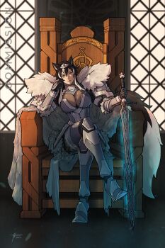 1girl animal_ear_fluff animal_ears armor armored_shoes black_gloves black_hair black_tail blue_aura blue_eyes blue_gemstone breasts cape chair cleavage closed_mouth commentary commission crossed_legs elbow_rest english_commentary full_body fur-trimmed_armor fur-trimmed_cape fur_cape fur_trim gem gloves glowing glowing_sword glowing_weapon head_rest highres holding holding_sword holding_weapon indoors knee_pads large_breasts long_hair multicolored_hair original signature signe_brachirsdottr_(azaertia) silver_tiara sircar1 sitting sitting_on_throne solo streaked_hair sword tail throne vambraces weapon white_hair white_tail wolf_ears wolf_girl wolf_tail wooden_chair
