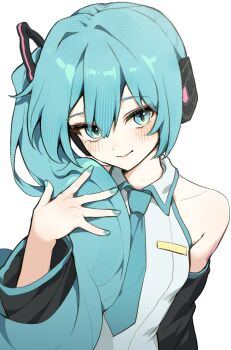 1girl alternate_hairstyle bare_shoulders black_sleeves blue_eyes blue_hair blue_nails blue_necktie blush cika_k derivative_work detached_sleeves hatsune_miku hatsune_miku_(noodle_stopper) long_hair meme necktie photo-referenced shirt side_ponytail sidetail_miku_noodle_stopper_(meme) simple_background sleeveless sleeveless_shirt solo upper_body vocaloid white_background
