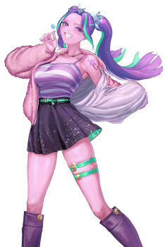 1girl :d \||/ absurdres alternate_breast_size_(larger) alternate_costume aria_blaze aria_blaze_(human) arm_at_side armpits bad_tag basoba belt black_skirt blunt_ends blush boots breasts buttons camisole candy collarbone colored_skin commentary curtained_hair cutie_mark english_commentary equestria_girls:_rainbow_rocks eyelashes eyeshadow feet_out_of_frame food forehead fur_jacket gold_buttons gold_necklace green_belt green_skirt green_streaks grin hair_ornament half-closed_eyes hand_up head_tilt highres holding holding_candy holding_food holding_lollipop jacket jacket_partially_removed jewelry knee_boots large_breasts legs_apart lollipop long_hair long_sleeves looking_at_viewer makeup miniskirt multicolored_hair my_little_pony my_little_pony:_equestria_girls my_little_pony:_friendship_is_magic nail_polish necklace open_clothes open_jacket open_mouth pink_jacket pink_skin pleated_skirt puffy_long_sleeves puffy_sleeves purple_boots purple_camisole purple_eyes purple_eyeshadow purple_hair purple_nails shoulder_tattoo sideboob sidelocks simple_background single_bare_shoulder skindentation skirt smile solo sparkle standing star_(symbol) star_hair_ornament streaked_hair striped_camisole tattoo thigh_strap twintails two-sided_fabric two-sided_jacket two-sided_skirt two-tone_camisole two-tone_hair v-shaped_eyebrows white_background white_camisole white_jacket