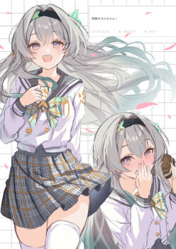 1girl black_hairband blush bow bowtie buttons commentary_request covering_own_mouth double-breasted eating embarrassed firefly_(honkai:_star_rail) firefly_(spring_missive)_(honkai:_star_rail) food gradient_hair green_bow green_bowtie green_hair grey_hair grey_sailor_collar grey_skirt grid_background hair_between_eyes hairband hand_up highres holding holding_food honkai:_star_rail honkai_(series) kuramoto_beta-carotene long_hair long_sleeves looking_at_viewer multicolored_hair multiple_views odaibako official_alternate_costume open_mouth pink_petals purple_eyes request_inset sailor_collar school_uniform serafuku shirt sketch skirt smile thighhighs thighs translation_request white_background white_shirt white_thighhighs wind zettai_ryouiki