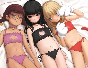 3girls ;) animal_hands animal_print bed_sheet bell black_bra black_choker black_eyes black_hair black_panties blonde_hair blue_eyes bra braid brown_hair cat_cutout cat_lingerie cat_panties cat_print choker closed_mouth clothing_cutout dark-skinned_female dark_skin female_focus flat_chest glasses gloves green_eyes jingle_bell kuroshiro00 loli long_hair looking_at_viewer lying mole mole_on_stomach mole_under_eye multiple_girls navel neck_bell on_back one_eye_closed original panties paw_gloves pink_bra pink_choker pink_panties print_panties red_bra red_choker red_panties round_eyewear short_hair side-tie_panties smile twin_braids underwear
