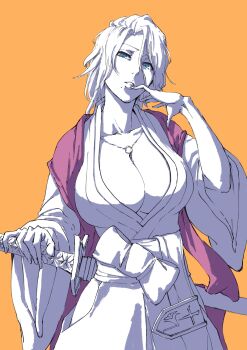 1girl badge bleach bleach:_sennen_kessen-hen blue_eyes breasts chain chain_necklace cleavage collarbone finger_to_mouth fukutaichou_badge huge_breasts japanese_clothes jewelry looking_at_viewer matsumoto_rangiku medium_hair mitarashi_(5333069) mole mole_under_mouth necklace pink_shawl shawl sheath shihakusho solo sword weapon wide_sleeves zanpakutou