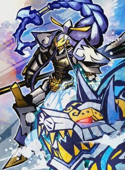 Rule 34 | 1boy, armor, bandai, digimon, digimon (creature), digimon card game, erlangmon, full armor, glowing, glowing eyes, holding, holding weapon, lance, looking at viewer, official art, polearm, sharp teeth, teeth, weapon