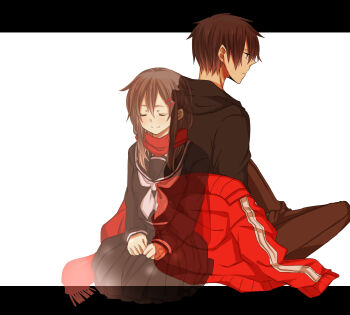 1boy 1girl aoi_choko_(aoichoco) black_hair closed_eyes collared_jacket hair_ornament hairclip highres jacket kagerou_project kisaragi_shintarou long_hair monaco0704 red_scarf scarf school_uniform serafuku short_hair tateyama_ayano unworn_jacket
