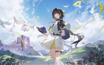 Rule 34 | 1girl, abby (wuthering waves), absurdres, backpack, bag, bird, black gloves, black hair, black jacket, blue bag, blue sky, book, bow, bowtie, building, chinese commentary, cloud, cloudy sky, commentary request, cropped jacket, day, dress, earrings, feet out of frame, female rover (perpetual spark) (wuthering waves), female rover (wuthering waves), fingerless gloves, floating, gloves, hair bow, highres, holding, holding book, jacket, jewelry, long hair, looking at viewer, low ponytail, mountain, neck ribbon, open book, outdoors, parted lips, ponytail, pouch, ribbon, rover (wuthering waves), short dress, short sleeves, sky, solo, standing, sumery, thigh pouch, triangle earrings, white bird, white dress, white ribbon, wuthering waves, yellow bow, yellow bowtie, yellow eyes