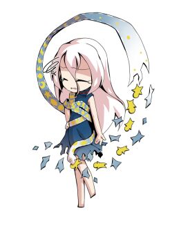 1girl barefoot blue_dress chibi chibi_only closed_eyes commentary_request crescent dairi dress full_body hair_between_eyes hand_on_own_hip large_variant_set long_hair long_hair_between_eyes ribbon_around_body simple_background sleeveless sleeveless_dress snake solo star_(symbol) tachi-e torn_clothes torn_dress touhou transparent_background triangle variant_set yuiman_asama