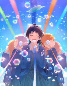 Rule 34 | 5girls, :d, ^ ^, arashi chisato, black hair, blonde hair, blue background, blue jacket, brown hair, closed eyes, collared shirt, commentary, cup, double bun, dress, grey dress, hair bun, hazuki ren, heanna sumire, high ponytail, highres, holding, holding cup, jacket, liella! first generation, long hair, long sleeves, love live!, love live! superstar!!, multiple girls, open clothes, open jacket, open mouth, orange hair, pinafore dress, ponytail, school uniform, shibuya kanon, shirt, sleeveless, sleeveless dress, smile, soap bubbles, string phone, tang keke, white hair, white shirt, winter uniform, wish song (love live!), yuigaoka school uniform, yukitake (bullfalk)