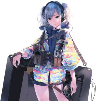 Rule 34 | 1girl, blue eyes, blue hair, cable, camera, camouflage, coat, cowboy shot, drawing tablet, facing viewer, female focus, gloves, headphones, highres, multicolored coat, original, shorts, simple background, solo, sousou (sousouworks), standing, strap, sweater, swept bangs, tagme, twintails, wacom, white background