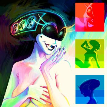 1girl black_lips black_nails blue_light breasts cleavage colored_skin covering_breasts covering_privates cyberpunk deltarune electric_fan facial_mark glowing green_light grin head-mounted_display helmet highres large_breasts lipstick long_eyelashes looking_at_viewer looking_to_the_side makeup medium_breasts mole mole_under_eye nail_polish nude open_mouth pale_skin personification queen_(deltarune) rainbow_gradient red_light rgb_lights scallybag01 screen_light silhouette smile solo teeth topless_female upper_body utdr_(toby_fox) white_skin