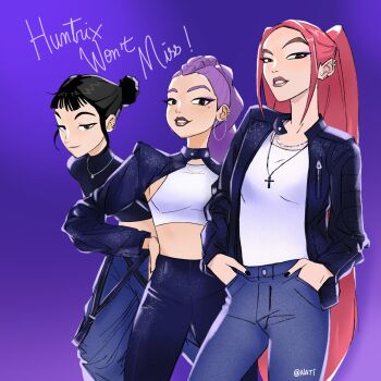 Rule 34 | 3girls, black hair, black nails, braid, braided ponytail, commentary, denim, double bun, earrings, english commentary, eyeshadow, hair bun, hands in pockets, hands on own hips, heyimnati, highres, hoop earrings, jacket, jeans, jewelry, kpop demon hunters, long hair, makeup, mira (kpop demon hunters), multiple girls, pants, pink hair, purple background, purple hair, rumi (kpop demon hunters), short bangs, sidelocks, simple background, smile, zoey (kpop demon hunters)
