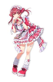 apron back_bow bandaid bandaid_on_leg bow closed_mouth dress dress_bow frilled_apron frilled_dress frills full_body hair_ornament hair_ribbon hand_up heart heart_hands hechima_(issindotai) heterochromia highres hololive houshou_marine layered_dress leaning_forward looking_at_viewer loose_socks maid_headdress medium_hair official_alternate_costume pink_dress pink_shoes platform_shoes puffy_short_sleeves puffy_sleeves red_eyes red_hair red_ribbon ribbon second-party_source shoes short_dress short_sleeves simple_background smile sneakers socks transparent_background twintails virtual_youtuber white_apron white_socks wing_hair_ornament wrist_cuffs x_hair_ornament yellow_eyes
