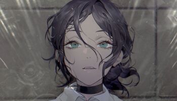 1girl absurdres black_choker black_hair chainsaw_man choker close-up collared_shirt glint green_eyes hair_between_eyes hair_bun highres hvvvzzz lying on_back parted_lips puddle rain reze_(chainsaw_man) ripples shirt short_hair sidelocks solo tile_floor tiles water wet wet_face wet_hair white_shirt