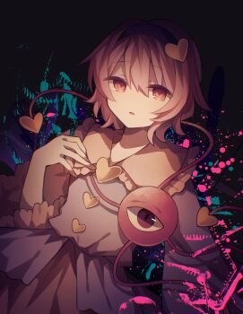 1girl absurdres arm_up black_hairband blue_shirt buttons commentary_request cowboy_shot dark_background expressionless eyeball frilled_shirt_collar frills grey_background hair_between_eyes hair_ornament hairband hand_up heart heart_button heart_hair_ornament highres komeiji_satori long_sleeves looking_at_viewer parted_lips pink_eyes pink_hair pink_skirt shirt short_hair simple_background skirt solo third_eye three-quarter_sleeves touhou underlighting utsuro_(kz_hokuto) wide_sleeves