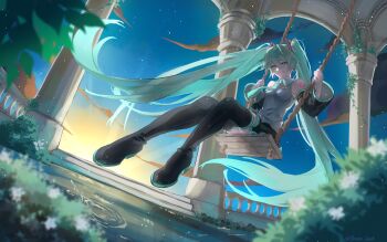 1girl absurdres aqua_eyes aqua_hair aqua_necktie backlighting bare_shoulders black_skirt black_sleeves black_thighhighs blurry blurry_foreground boots breasts closed_mouth collared_shirt column depth_of_field detached_sleeves dutch_angle floating_hair flower full_body gradient_sky grey_shirt hair_between_eyes hair_ornament hatsune_miku highres light_particles long_hair looking_at_viewer necktie outdoors pillar plant pleated_skirt sehir0_gurei shirt shoulder_tattoo sitting skirt sky sleeveless sleeveless_shirt solo star_(sky) star_sky starry_sky sunset swing tattoo thigh_boots thighhighs twintails very_long_hair vocaloid water wide_sleeves zettai_ryouiki