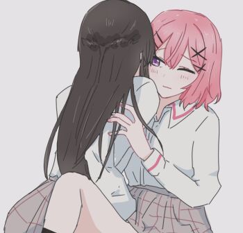 07kz 2girls amaori_renako black_hair blush closed_mouth collared_shirt commentary_request grey_background grey_skirt highres implied_fingering koto_satsuki long_hair medium_hair multiple_girls one_eye_closed pink_hair plaid_clothes plaid_skirt pleated_skirt purple_eyes shirt simple_background skirt watashi_ga_koibito_ni_nareru_wake_naijan_murimuri! white_shirt yuri