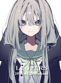 1girl black_jacket closed_mouth collared_shirt grey_eyes grey_hair hair_between_eyes highres jacket long_hair loopers mochizuki_kei school_uniform shirt simple_background solo twintails white_background