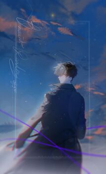 1boy absurdres black_eyes black_hair black_jacket cloud cloudy_sky cursive highres jacket jacket_on_shoulders light_particles looking_back male_focus omniscient_reader&#039;s_viewpoint purple_ribbon ribbon roellm scabbard sheath short_hair sidelighting sky solo standing yoo_joonghyuk