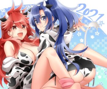 Rule 34 | 2021, 2girls, :d, amou kanade, animal ears, animal print, ass, bikini, blue background, blue eyes, blue hair, breasts, brown eyes, chinese zodiac, cleavage, closed mouth, commentary, cow ears, cow horns, cow print, cow tail, fake animal ears, fake horns, fake tail, fang, hood, hood down, hoodie, horns, kazanari tsubasa, kneeling, lanlanlap, large breasts, leaning back, leaning forward, long hair, looking at viewer, looking back, messy hair, multiple girls, new year, off shoulder, open mouth, pink legwear, print bikini, print hoodie, red hair, senki zesshou symphogear, side ponytail, sitting, smile, socks, swimsuit, tail, year of the ox