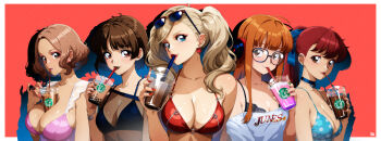 5girls absurdres ahoge behind-the-head_headphones between_breasts bikini black_bra black_choker black_lips blonde_hair blue_background blue_eyes border bra breasts brown_eyes brown_hair bubble_tea choker cleavage collarbone commentary cup disposable_cup drinking drinking_straw earrings english_commentary eyeliner eyewear_on_head glasses gravydood green_nails headphones heart heart-shaped_pupils high_ponytail highres holding holding_cup jewelry large_breasts long_hair looking_at_viewer makeup medium_breasts morgana_(persona_5) multiple_girls niijima_makoto off-shoulder_shirt off_shoulder okumura_haru orange_hair persona persona_5 ponytail red_bikini red_eyeliner red_eyes red_hair red_lips red_nails sakura_futaba shirt short_hair starbucks sunglasses swimsuit symbol-shaped_pupils takamaki_anne twintails underwear upper_body very_long_hair white_border white_shirt yoshizawa_kasumi