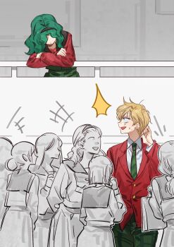 6+girls bishoujo_senshi_sailor_moon black_hairband black_sailor_collar blonde_hair collared_shirt crossdressing crossdressing_(ftm) crossed_arms green_hair green_necktie green_pants green_skirt hairband hand_in_own_hair highres jacket kaiou_michiru long_hair looking_at_another multiple_girls necktie nervous_sweating open_mouth pants parted_bangs plaid_clothes plaid_pants red_jacket red_shirt sailor_collar school_uniform shaded_face shirt short_hair skirt striped_clothes striped_necktie suit_jacket sweat sweatdrop ten'ou_haruka wavy_hair white_shirt yumi_xsh yuri