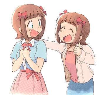 Rule 34 | 2girls, :d, ^ ^, amami haruka, blue shirt, blue skirt, bow, bowtie, brown hair, checkered clothes, checkered skirt, closed eyes, collared jacket, dual persona, green eyes, hair bow, hand on another's back, idolmaster, idolmaster (classic), idolmaster 1, idolmaster million live!, idolmaster million live! theater days, jacket, long sleeves, looking at another, multiple girls, multiple hair bows, open clothes, open jacket, open mouth, pink skirt, red bow, red bowtie, shirt, short hair, short sleeves, simple background, skirt, smile, standing, thumbs up, time paradox, tsubobot, white background, white jacket