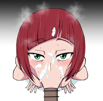 1girl :&gt;= absurdres artist_request bent_over blush breasts censored cum cum_on_body digimon digimon_beatbreak facial fellatio from_below full_body green_eyes hetero highres jacket lips looking_at_another looking_at_viewer motion_lines open_clothes open_jacket oral red_hair sakuya_reina small_breasts solo steaming_body sweat sweatdrop