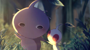 black_eyes blush blush_stickers colored_skin commentary_request grass height_difference holding_hands leaf looking_at_another ni-gou no_humans pikmin_(creature) pikmin_(series) purple_pikmin purple_skin red_eyes solid_circle_eyes tiny upper_body white_pikmin white_skin