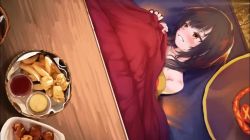 1boy 1girl animated blush brown_hair censored clothing_aside harutoshi hetero kono_subarashii_sekai_ni_shukufuku_wo! kotatsu megumin panties panties_aside penis satou_kazuma sex sound stealth_sex table transparent underwear video yellow_eyes