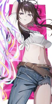 1girl 7jn0gcas0b92870 arm_up asymmetrical_clothes asymmetrical_pants belt black_hair border breasts brown_belt commentary_request denim hair_ribbon highres holding holding_weapon jeans kanzaki_kaori katana long_hair looking_at_viewer medium_breasts midriff navel ootachi pants parted_lips pink_background ponytail purple_eyes ribbon shichiten_shichitou shirt short_sleeves simple_background single_pantsleg sword tied_shirt toaru_majutsu_no_index torn_clothes torn_pants very_long_hair weapon white_border