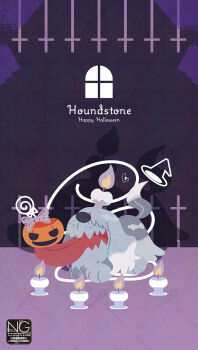 animal_focus candle candy dog fangs fire food greavard halloween hat highres jack-o&#039;-lantern lollipop meme_(sleepsheep) nintendo no_humans open_mouth pokemon pokemon_(creature) pokemon_focus pumpkin purple_fire skin_fangs swirl_lollipop tail teeth tongue tongue_out witch_hat