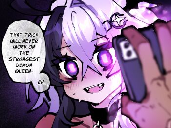 Rule 34 | 1boy, 1girl, black hair, cellphone, commentary, crossed bangs, double-parted bangs, english commentary, english text, fangs, hair between eyes, hair ornament, highres, hypnosis, hypnosis app, looking at viewer, medium hair, merryweather, mind control, multicolored hair, open mouth, original, osiimi, phone, pov, pov hands, purple eyes, single hair intake, smartphone, smile, solo focus, speech bubble, symbol-shaped pupils, talking, two-tone hair, viewer holding phone, white hair, wide-eyed